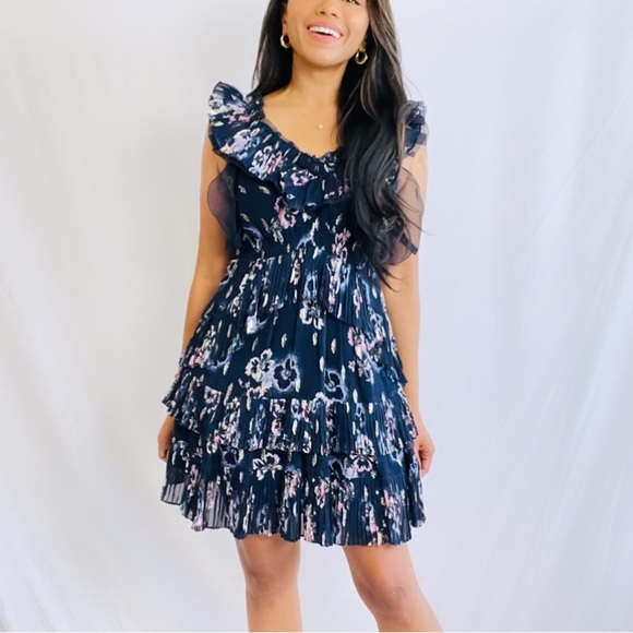 Rebecca Taylor Dresses & Skirts - Rebecca Taylor | Navy Blue and Metallic Floral Ruffle Mini Cocktail Dress
